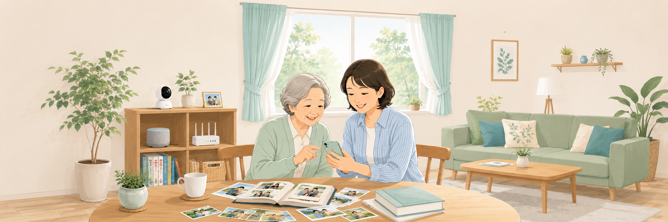 親世代と家族がスマホや写真を一緒に確認しているやさしいイラスト